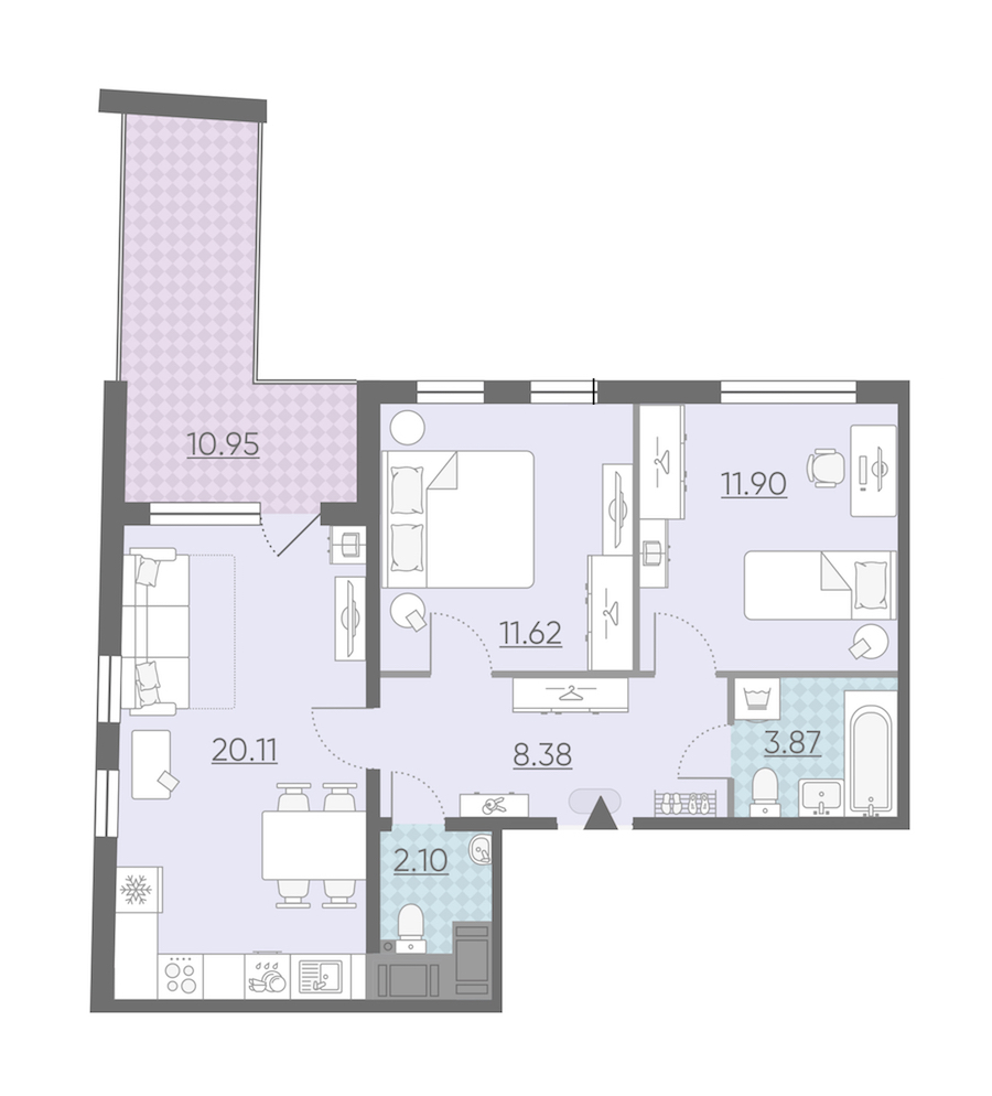 Двухкомнатная квартира в : площадь 63.46 м2 , этаж: 15 – купить в Санкт-Петербурге